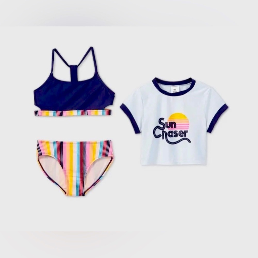 🌺🌸Girls' Short Sleeve Sun Chaser 3pc Bikini Set - art class M, Blue